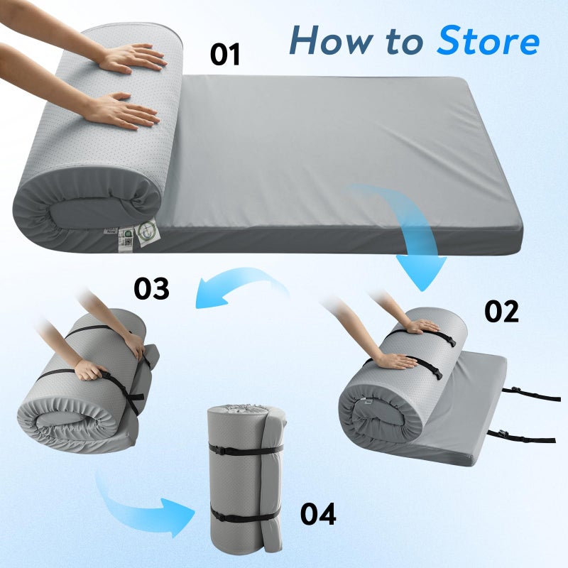 Magik & Kover Memory Foam Camping Cot Mattress Pad, 3 Inch Thick Sleeping Pad with Waterproof Cover, Portable Roll up Cot Mattress Pad Mat for Travel Truck Bed Tent, Non-Slip Bottom, 72"Ã—24"Ã—3", Gray - Image 5