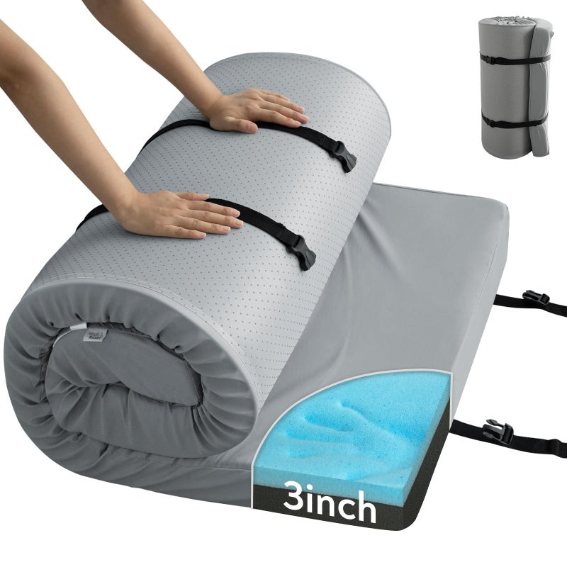 Magik & Kover Memory Foam Camping Cot Mattress Pad, 3 Inch Thick Sleeping Pad with Waterproof Cover, Portable Roll up Cot Mattress Pad Mat for Travel Truck Bed Tent, Non-Slip Bottom, 72"Ã—24"Ã—3", Gray - Image 1