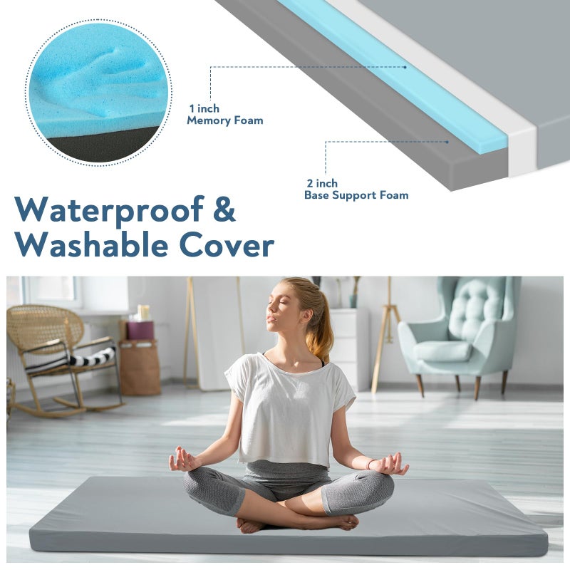 Magik & Kover Memory Foam Camping Cot Mattress Pad, 3 Inch Thick Sleeping Pad with Waterproof Cover, Portable Roll up Cot Mattress Pad Mat for Travel Truck Bed Tent, Non-Slip Bottom, 72"Ã—24"Ã—3", Gray - Image 3