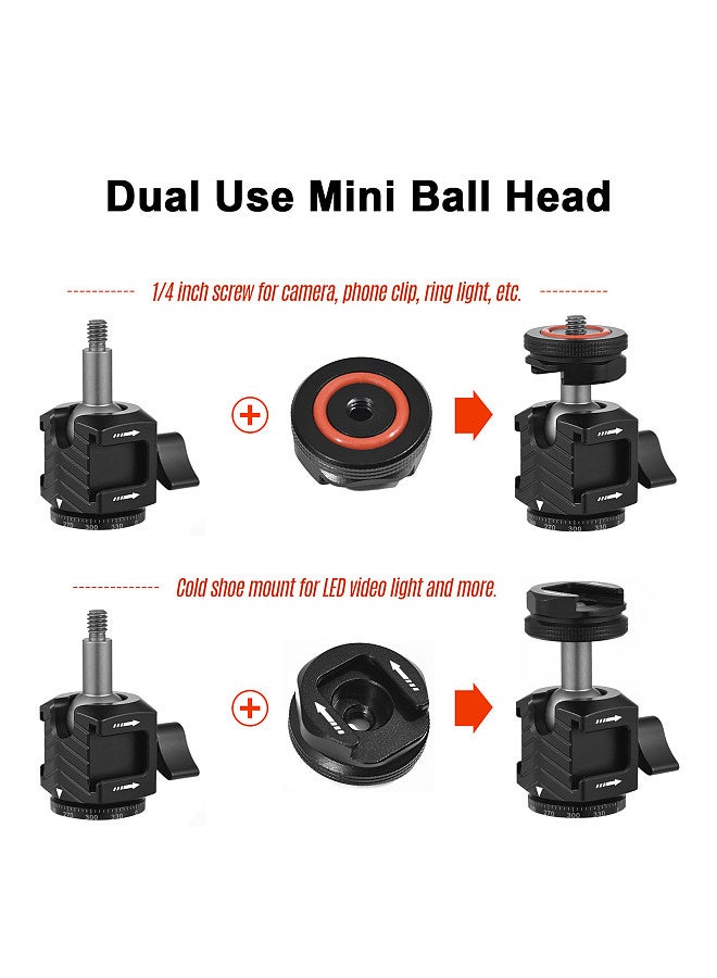 Multi-functional Mini Ball Head 360°Rotatable Aluminum Alloy Ballhead Adapter Tripod Head 1/4 Inch Screw & Cold Shoe Connection with Dual Side Cold Shoe Mounts  - Image 4
