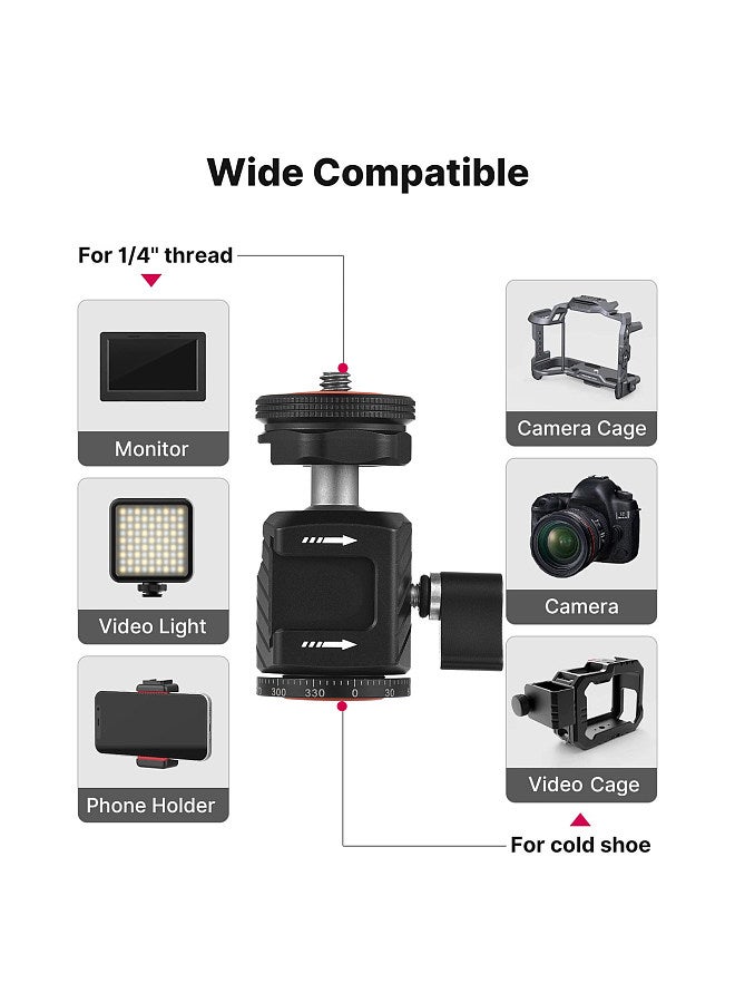 Multi-functional Mini Ball Head 360°Rotatable Aluminum Alloy Ballhead Adapter Tripod Head 1/4 Inch Screw & Cold Shoe Connection with Dual Side Cold Shoe Mounts  - Image 2