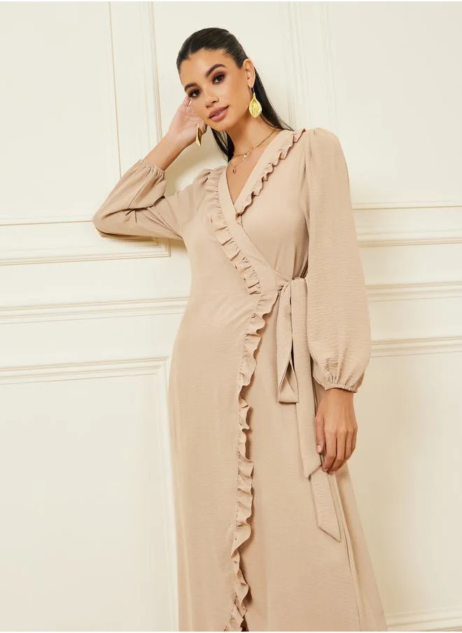 Styli Ruffle Trim Detail Wrap Maxi Dress