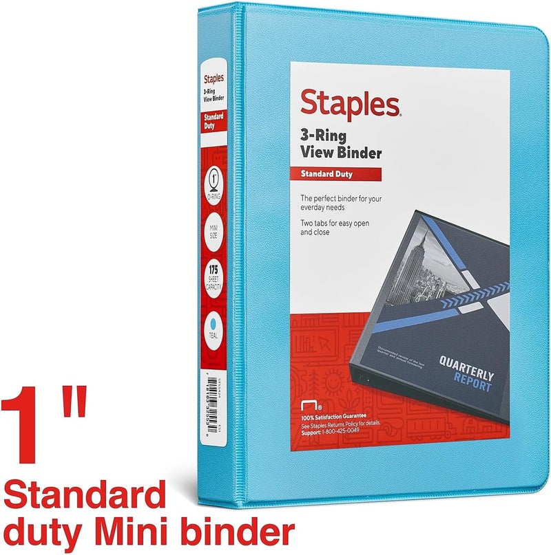 Staples Mini View Binder 1" 3-Ring, Teal - Image 2