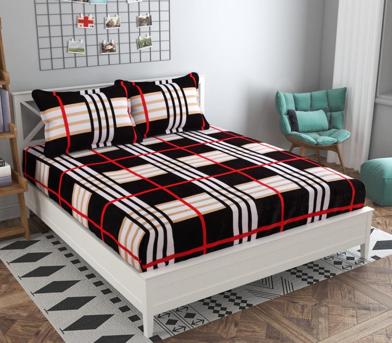 Temoli® Winter Warm Velvet Fitted King Size Double Bedsheet with 2 Zipper Pillow Covers | Elastic Bedsheet for Double Bed (72x78 Inch, Boxes-Brown Print) - Image 1