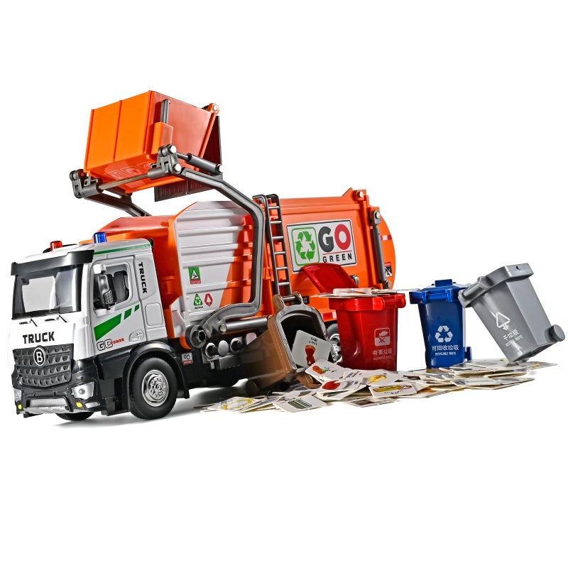 NOVAFUSION Front Loader Arm Toy Garbage Truck with Auto Lift FunctionDiecast Garbage Truck Metal CabFriction Powered Garbage Truck Toy with Lights and SoundsGarbage Trucks for Boys Age 47Orange - Image 3