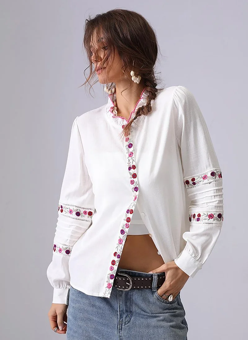 YUNIQEE Off White Band Collar Puff Sleeves Relaxed Fit Shirt