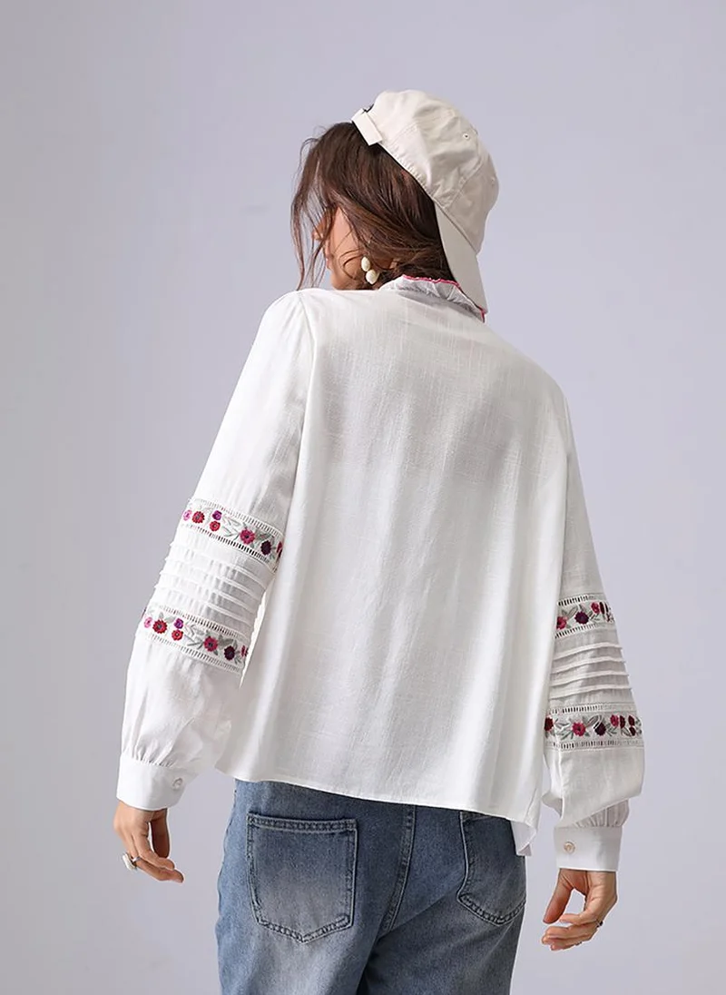 يونيكي Off White Band Collar Puff Sleeves Relaxed Fit Shirt