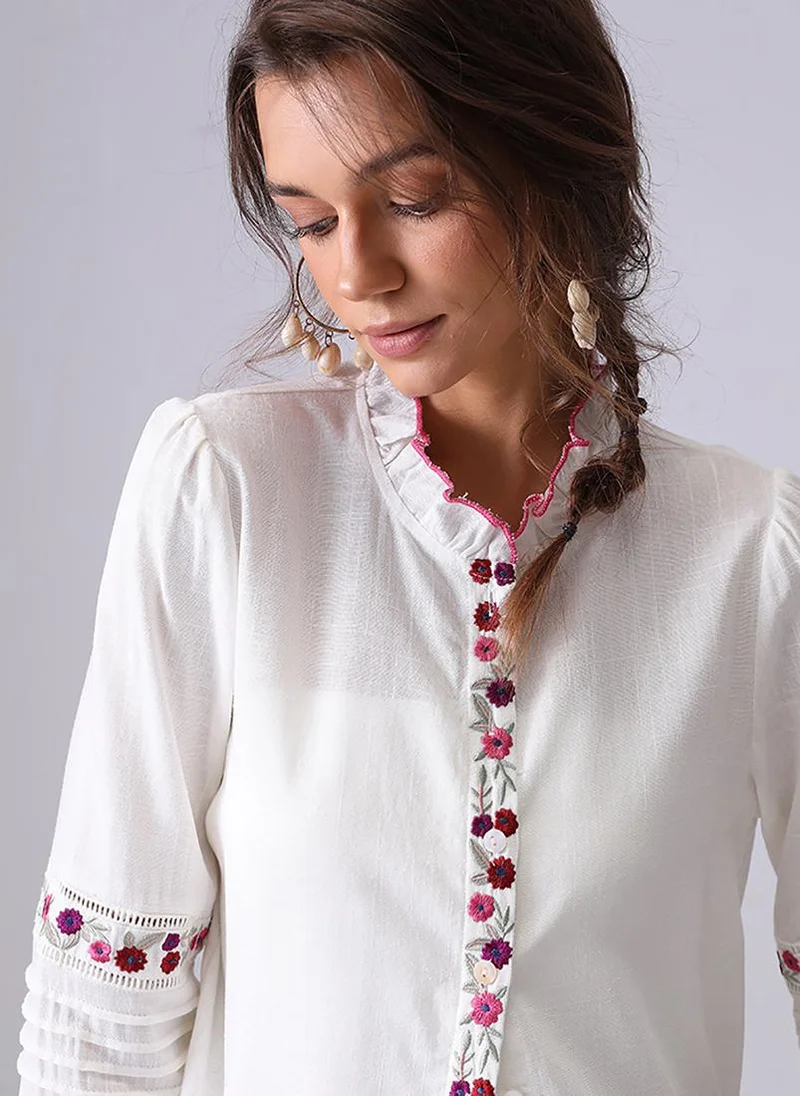 يونيكي Off White Band Collar Puff Sleeves Relaxed Fit Shirt