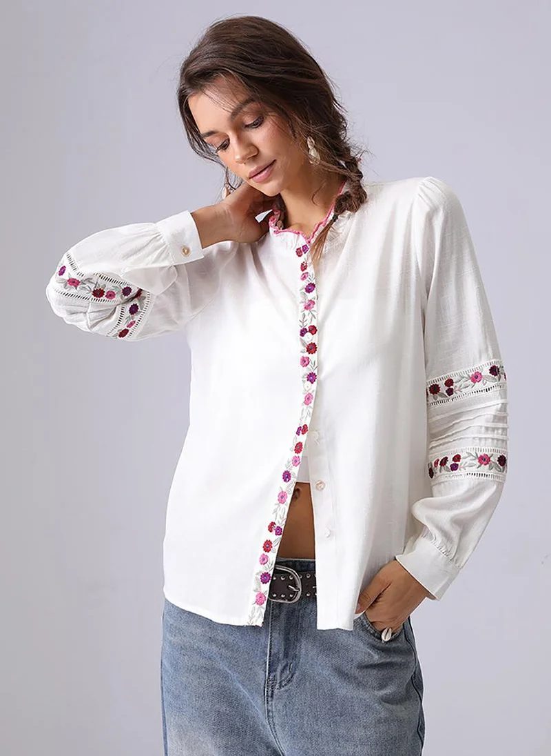 يونيكي Off White Band Collar Puff Sleeves Relaxed Fit Shirt