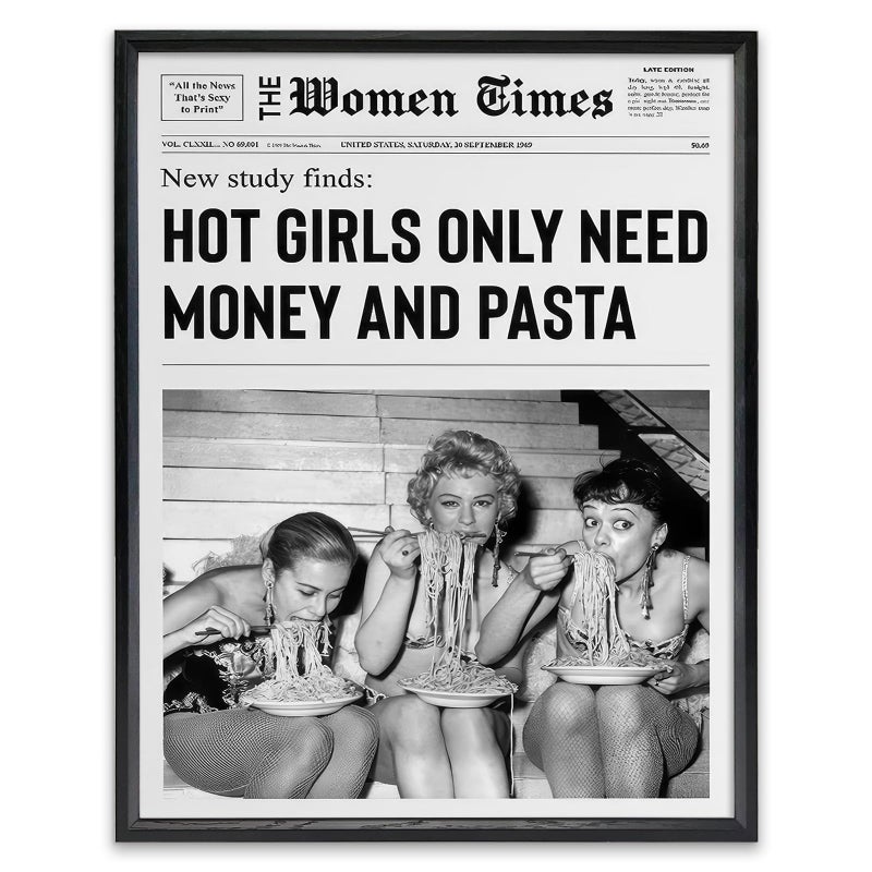 KBKBART Black and White Posters Hot Girls Only Need Money And Pasta Framed Wall Art Funky Girly Room Decor Canvas Prints for Dorm Aesthetic 12x16in Black Frame - Image 1