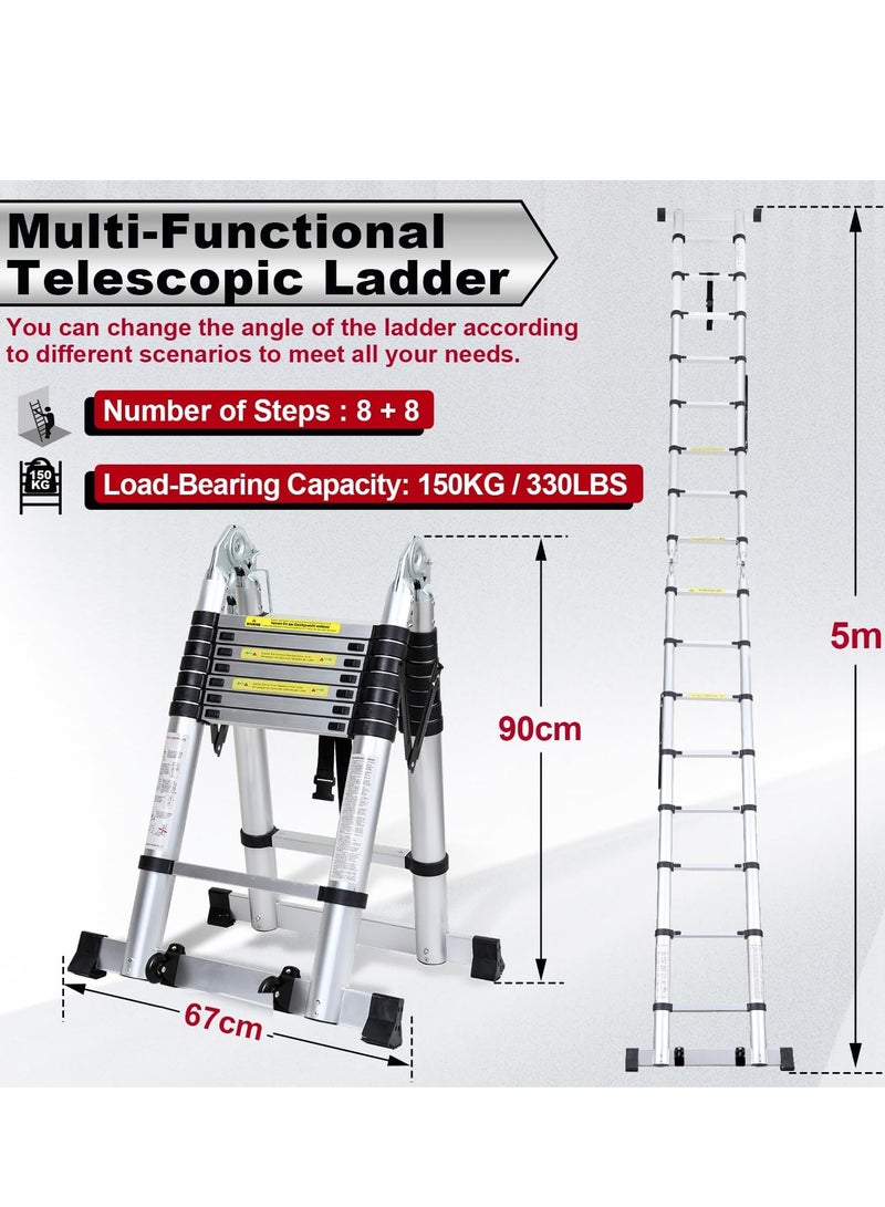 Aluminum telescopic folding ladder, non-slip aluminum ladder, multi-function ladder, 5-meter extension ladder with a load capacity of 150 kg - Image 2