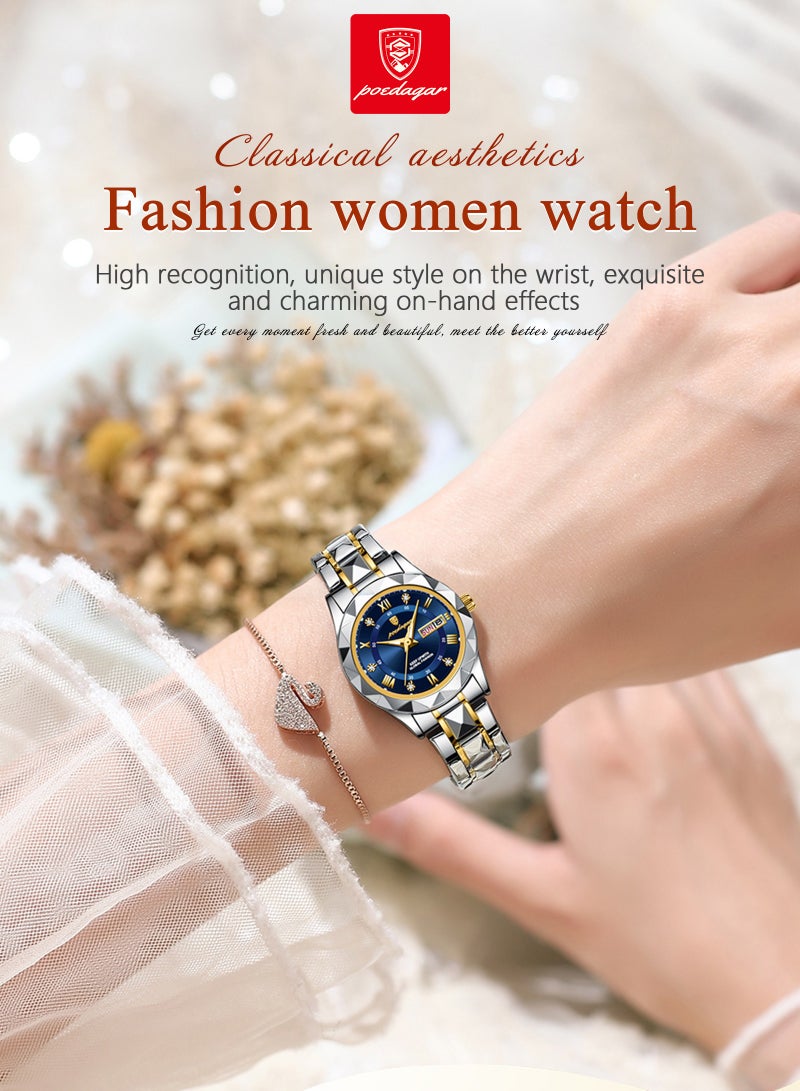 POEDAGAR Luxury Waterproof Luminous Women's Watch – Mineral Reinforced Glass, Stainless Steel Strap, 3D Diamond Dial, Dual Date Display - Image 3