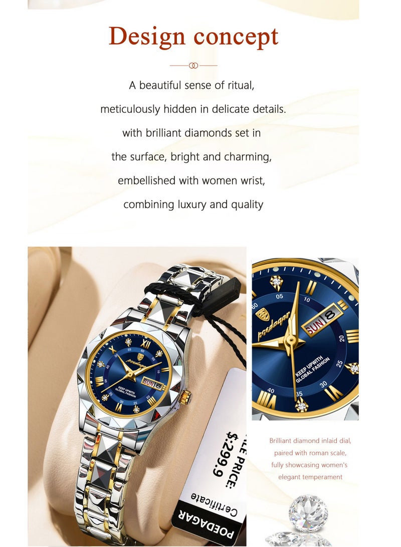 POEDAGAR Luxury Waterproof Luminous Women's Watch – Mineral Reinforced Glass, Stainless Steel Strap, 3D Diamond Dial, Dual Date Display - Image 2