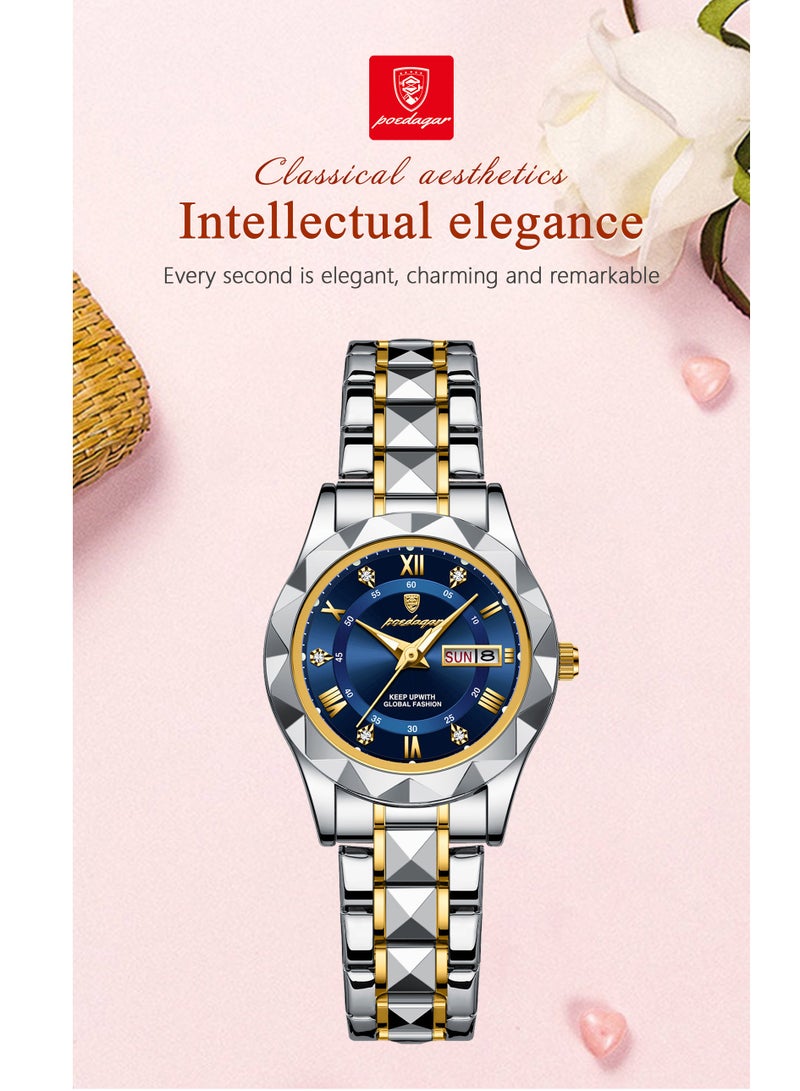 POEDAGAR Luxury Waterproof Luminous Women's Watch – Mineral Reinforced Glass, Stainless Steel Strap, 3D Diamond Dial, Dual Date Display - Image 5