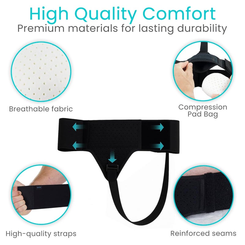 Vive Inguinal Hernia Belt for Men  Women  Left or Right Groin Support Truss for Targeted Compression Pain Relief Comfort Pre  Post Surgery Injury Recovery  3 Removable Pressure Pads and Splint Black - Image 4
