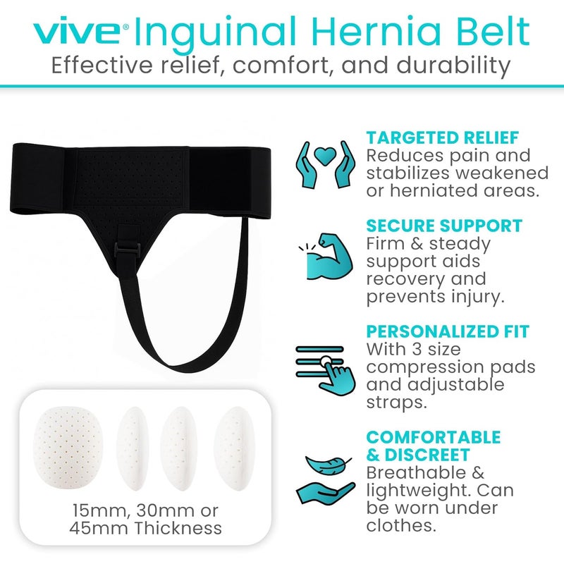 Vive Inguinal Hernia Belt for Men  Women  Left or Right Groin Support Truss for Targeted Compression Pain Relief Comfort Pre  Post Surgery Injury Recovery  3 Removable Pressure Pads and Splint Black - Image 2