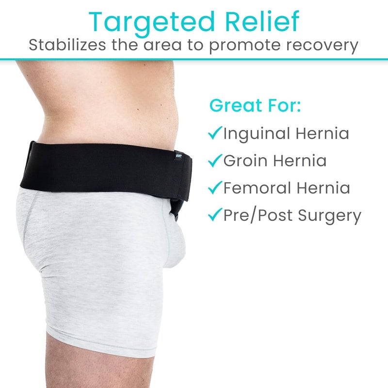 Vive Inguinal Hernia Belt for Men  Women  Left or Right Groin Support Truss for Targeted Compression Pain Relief Comfort Pre  Post Surgery Injury Recovery  3 Removable Pressure Pads and Splint Black - Image 3