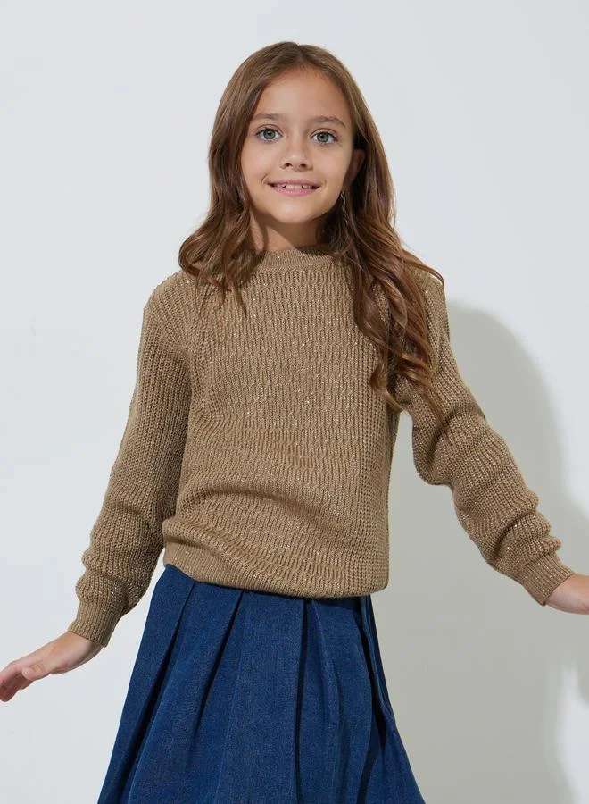 Styli Girls Beige Textured Knit Pullover Sweater