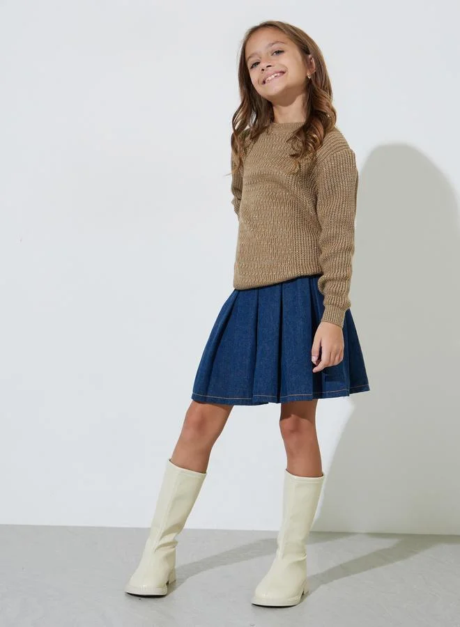 Styli Girls Beige Textured Knit Pullover Sweater