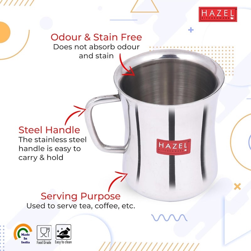 HAZEL Stainless Steel Green Tea Coffee Big Damaru Plain Mug Set of 6 200 ml Each - Image 3