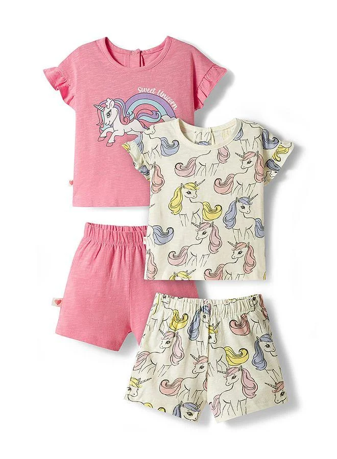 Bonfino Bonfino 100% Cotton T-Shirt and Shorts Sets with Unicorn Print (Pack of 2) - White & Pink