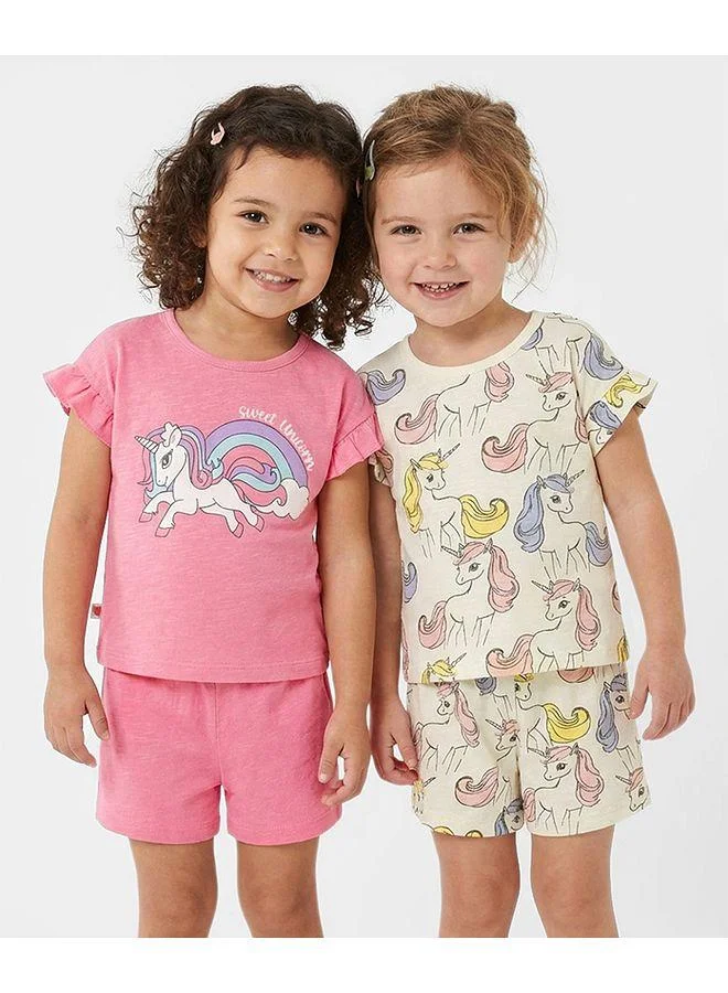 Bonfino Bonfino 100% Cotton T-Shirt and Shorts Sets with Unicorn Print (Pack of 2) - White & Pink
