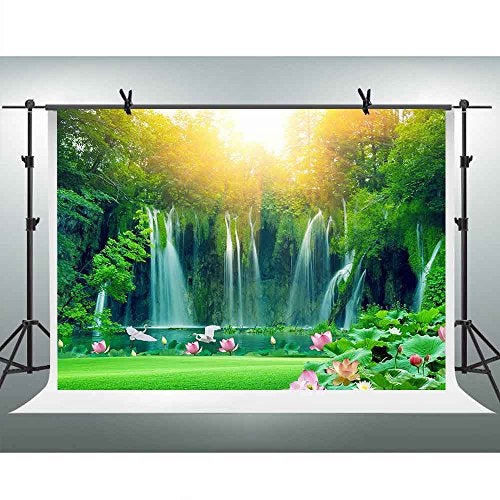 FHZON FHZON 10x7ft Waterfall Backgrounds for Photography Green Trees Forest Lotus Lake Sunshine Backdrop Travel Picture  - Image 1