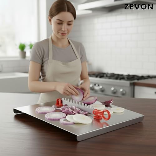 ZEVON Stainless Steel Chopping Board with Knife Attached for Vegetable and Fruit Cutting | Cutting Board Steel for Kitchen | Multipurpose 2-in-1 Knife & Board Tool for Effortless Cutting & Chopping - Image 3