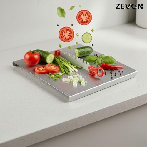 ZEVON Stainless Steel Chopping Board with Knife Attached for Vegetable and Fruit Cutting | Cutting Board Steel for Kitchen | Multipurpose 2-in-1 Knife & Board Tool for Effortless Cutting & Chopping - Image 2