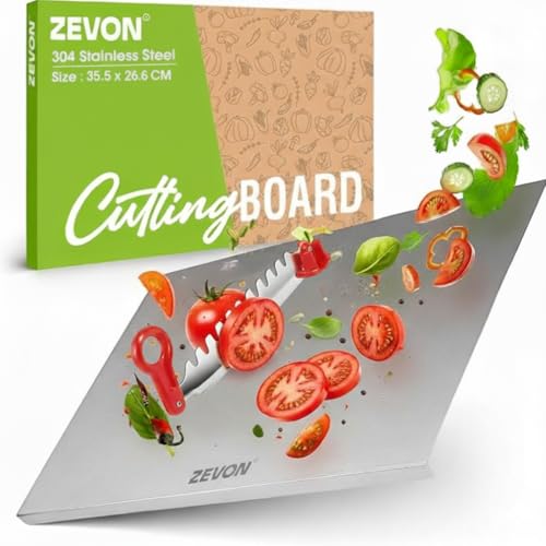 ZEVON Stainless Steel Chopping Board with Knife Attached for Vegetable and Fruit Cutting | Cutting Board Steel for Kitchen | Multipurpose 2-in-1 Knife & Board Tool for Effortless Cutting & Chopping - Image 1