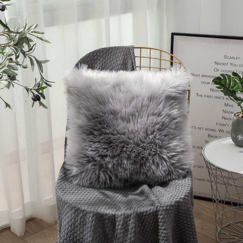 OYIMUA Fluffy Decorative Throw Pillow Covers Gray 20Ã—20, Faux Fur Farmhouse Luxury Pillow Cases,Soft Plush Fuzzy Cushion Covers for Sofa Couch Living Room Bedroom Set of 2 - Image 4