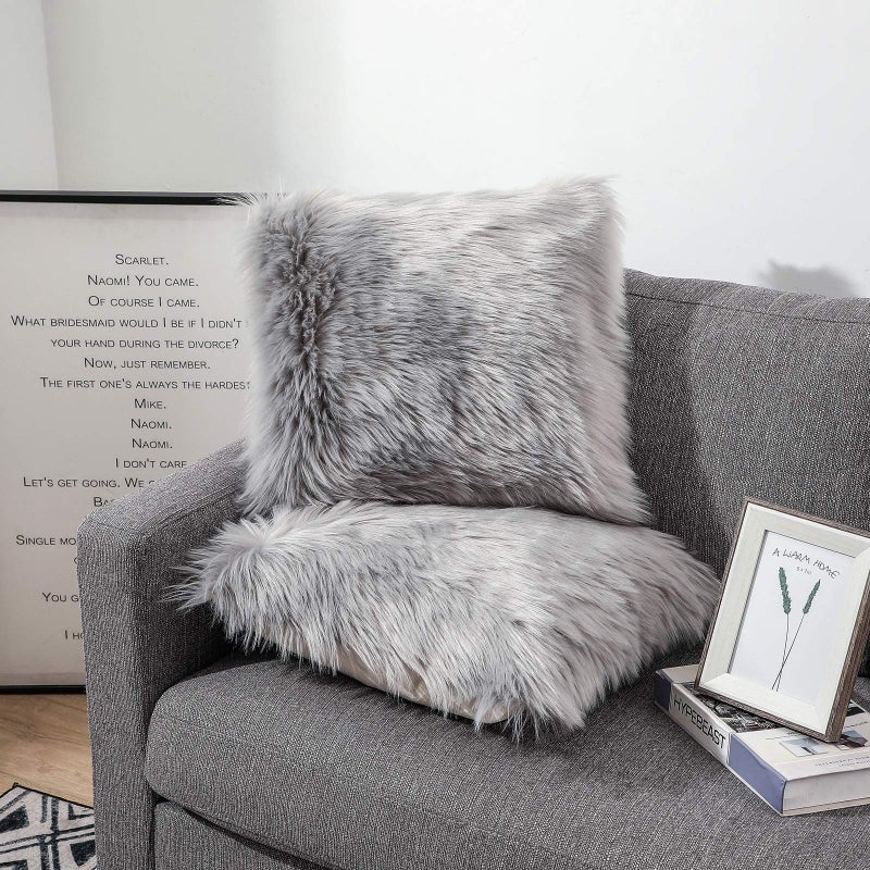 OYIMUA Fluffy Decorative Throw Pillow Covers Gray 20Ã—20, Faux Fur Farmhouse Luxury Pillow Cases,Soft Plush Fuzzy Cushion Covers for Sofa Couch Living Room Bedroom Set of 2 - Image 2