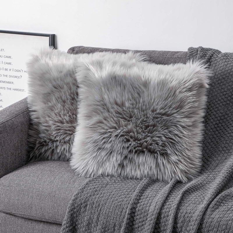 OYIMUA Fluffy Decorative Throw Pillow Covers Gray 20Ã—20, Faux Fur Farmhouse Luxury Pillow Cases,Soft Plush Fuzzy Cushion Covers for Sofa Couch Living Room Bedroom Set of 2 - Image 1