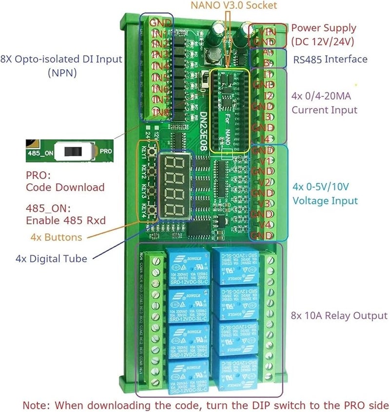 Modbus RTU PLC IO Expansion Board 8DI 8AI Analog Input 4 20mA 0 10V RS485 For Arduino - Image 4