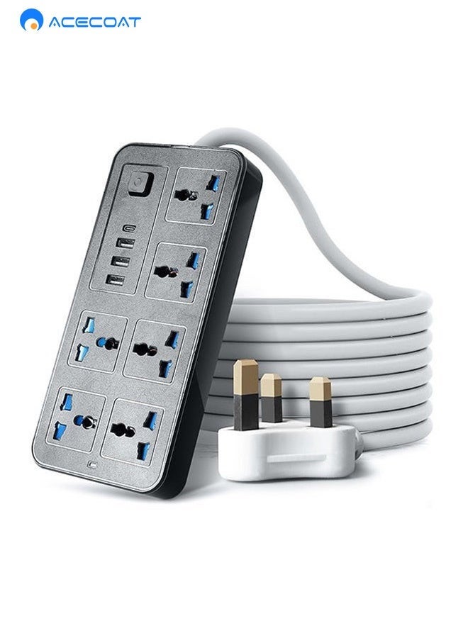 ACECOAT Extension Cord Protector Power Strip with 6 Outlets, 3 USB-A Ports, 1 Type-C Port, Flat Plug, Wall Mountable, Desk USB Charging Station, Ideal for All Electronic Devices, Black - Image 1