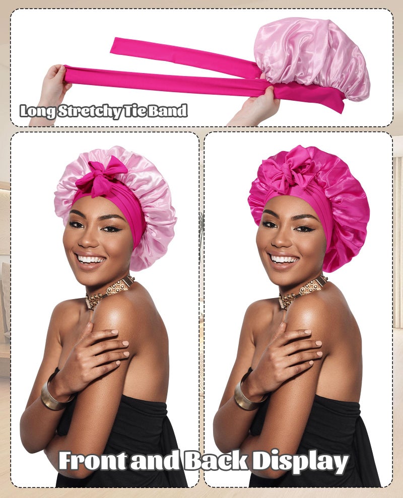 CHLINS Satin Bonnet Silk Bonnet for Sleeping Silk Sleep Cap Double Layer Hair Bonnet with Elastic Tie Band for Curly Hair Night Cap (Rose red + Skin Powder) - Image 2