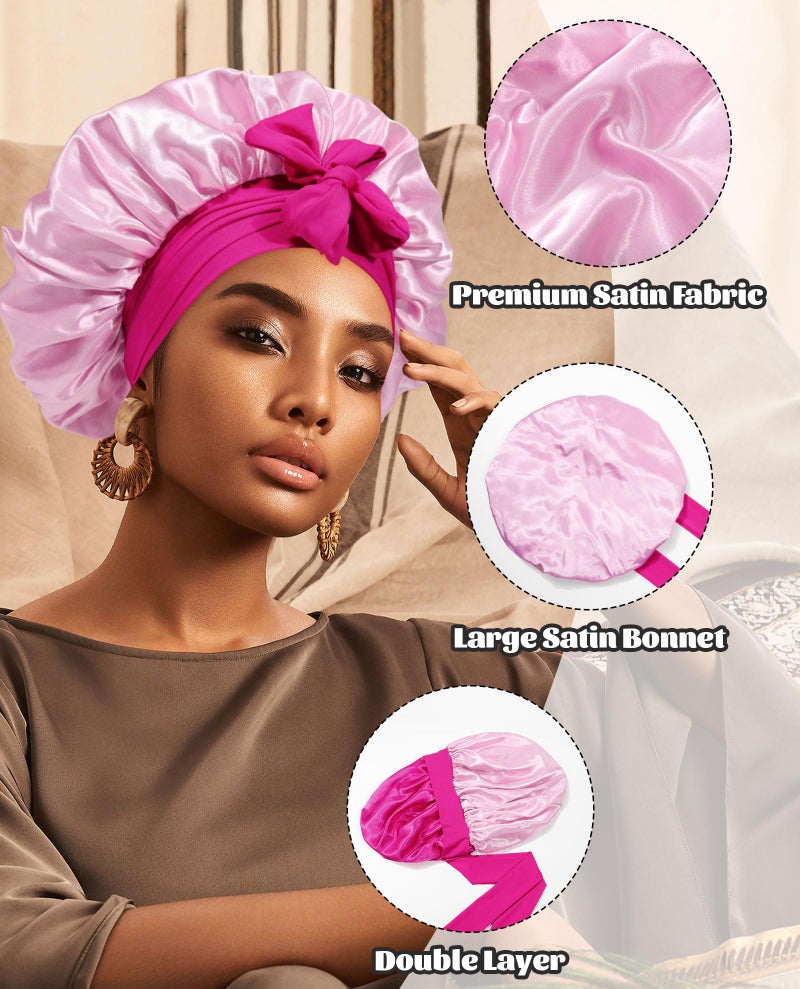 CHLINS Satin Bonnet Silk Bonnet for Sleeping Silk Sleep Cap Double Layer Hair Bonnet with Elastic Tie Band for Curly Hair Night Cap (Rose red + Skin Powder) - Image 5