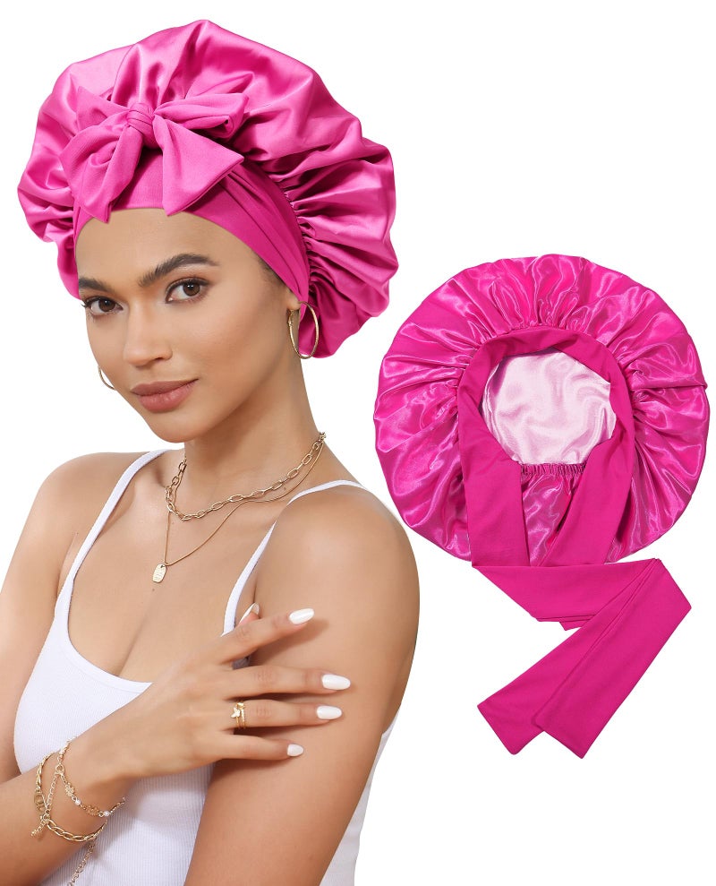 CHLINS Satin Bonnet Silk Bonnet for Sleeping Silk Sleep Cap Double Layer Hair Bonnet with Elastic Tie Band for Curly Hair Night Cap (Rose red + Skin Powder) - Image 1