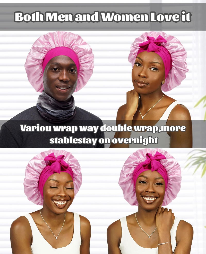 CHLINS Satin Bonnet Silk Bonnet for Sleeping Silk Sleep Cap Double Layer Hair Bonnet with Elastic Tie Band for Curly Hair Night Cap (Rose red + Skin Powder) - Image 4