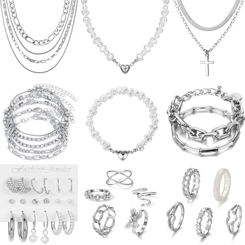 VKME 43 PCS Silver Jewelry Set for Women,Ball Dangle Hoop Earrings,Multi Layered Bracelets,Stackable Knuckle Rings,Adjustable Dainty Necklaces,Anniversary Valentine Fashion Trendy Party Gift Pack - Image 1