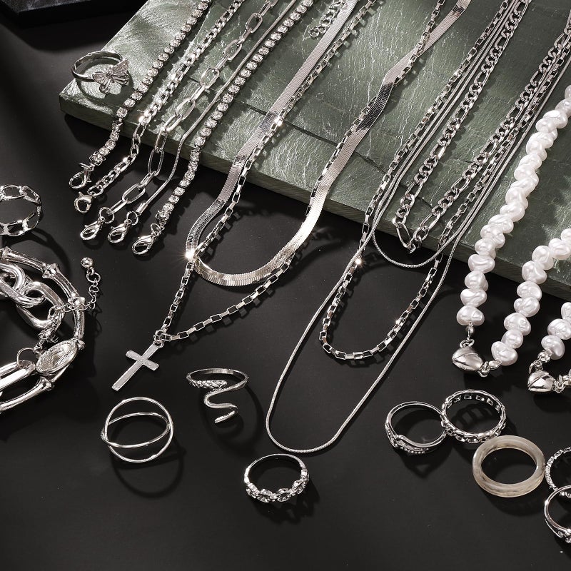 VKME 43 PCS Silver Jewelry Set for Women,Ball Dangle Hoop Earrings,Multi Layered Bracelets,Stackable Knuckle Rings,Adjustable Dainty Necklaces,Anniversary Valentine Fashion Trendy Party Gift Pack - Image 2