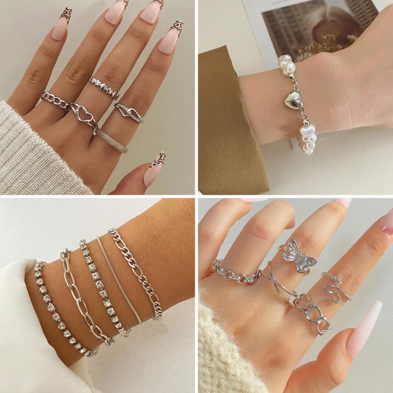 VKME 43 PCS Silver Jewelry Set for Women,Ball Dangle Hoop Earrings,Multi Layered Bracelets,Stackable Knuckle Rings,Adjustable Dainty Necklaces,Anniversary Valentine Fashion Trendy Party Gift Pack - Image 4
