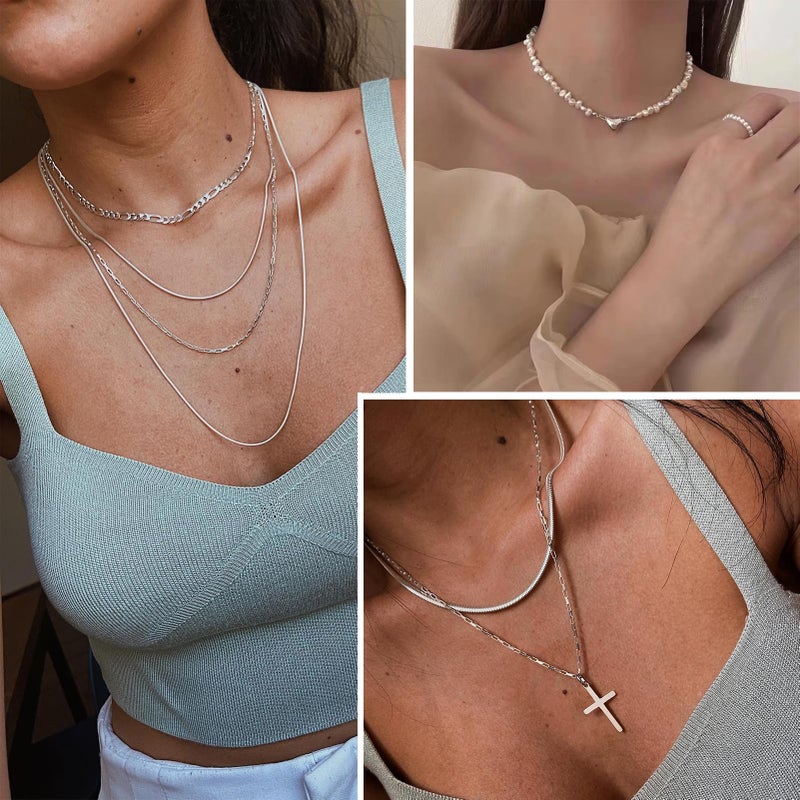 VKME 43 PCS Silver Jewelry Set for Women,Ball Dangle Hoop Earrings,Multi Layered Bracelets,Stackable Knuckle Rings,Adjustable Dainty Necklaces,Anniversary Valentine Fashion Trendy Party Gift Pack - Image 3