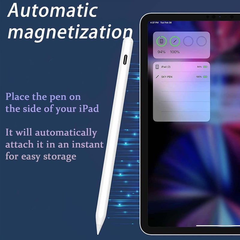 كاوشونغ قلم ستايلس لأجهزة Apple iPad الجيل العاشر إلى السادس (2018-2021) وiPad Pro 11"/12.9" (2018-2022) وiPad Air الجيل الخامس إلى الثالث وiPad Mini الجيل السادس/الخامس، مع خاصية رفض راحة اليد والحساسية للميل ووضع الشحن المزدوج عبر البلوتوث (أبيض) - Image 5