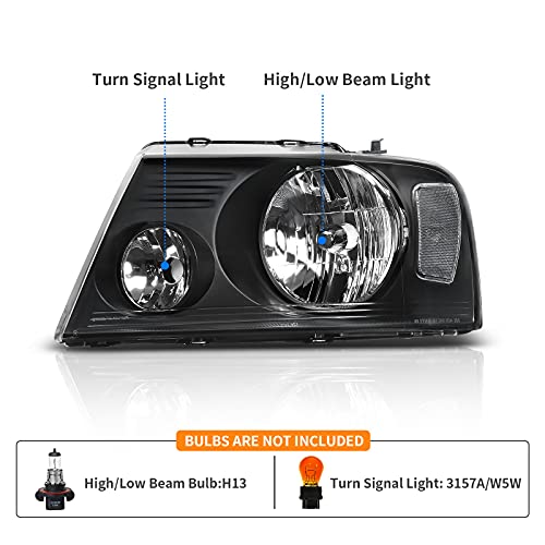 DWVO Headlight Assembly Compatible with Ford F150 Pickup 20042008 Lincoln Mark LT 0608 Clear Reflector Passenger and Driver side Black Housing Clear Lens Clear Reflector - Image 3