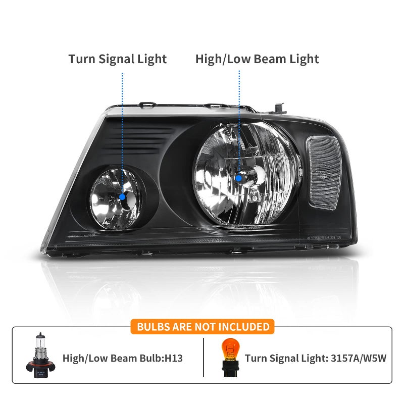 DWVO Headlight Assembly Compatible with Ford F150 Pickup 20042008 Lincoln Mark LT 0608 Clear Reflector Passenger and Driver side Black Housing Clear Lens Clear Reflector - Image 4