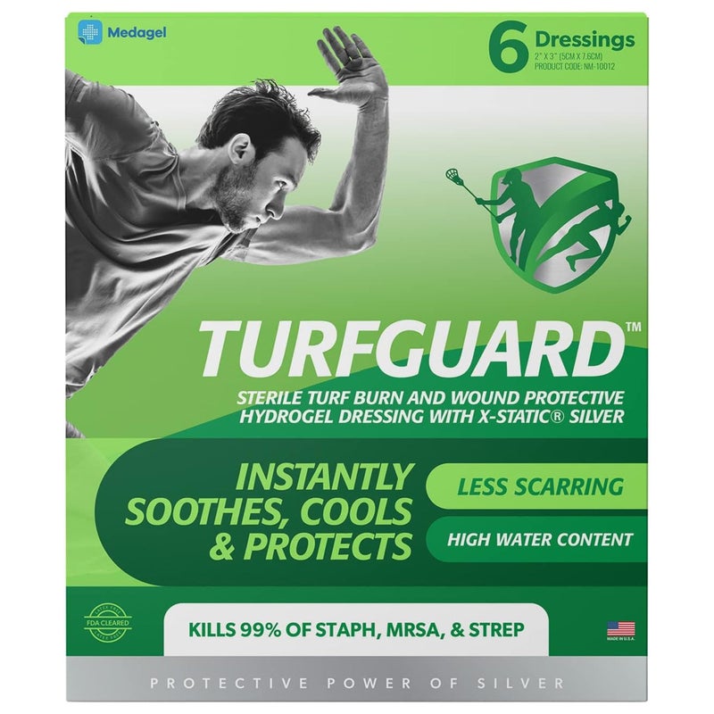 ضمادة حروق العشب هيدروجيل TURFGUARD مع فضة XStatic لتخفيف البرودة معتمدة من إدارة الغذاء والدواء حماية مضادة للميكروبات لاصقة شافية للرطوبة للحروق والجروح 2 × 3 ضمادات 6 عبوات من Medagel
