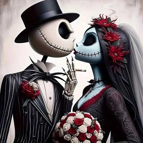 AIBOERL 5D Jack and Sally Halloween Diamond Painting Kits for Adults,Jack and Sally Diamond Art Kits for Adults Beginners,Diamond Painting Full Round Drill Crafts Kit for Home Wall Decor Gift 14x14in - Image 1