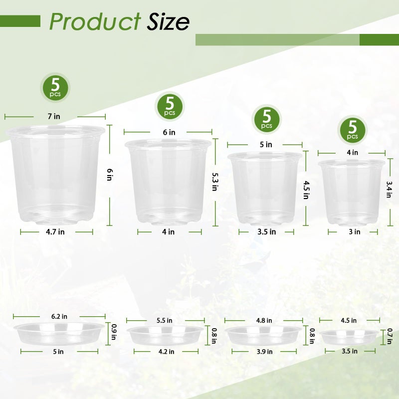 FUIJOL 4/5/6/7 Inch Clear Nursery Pots for Plants with Sacuers 20 Pack, Plastic Flower Pots with Drainage Holes, Variety Pack Seedlings Garden Pot for Indoor Outdoor (4+5+6+7 inch) - Image 2