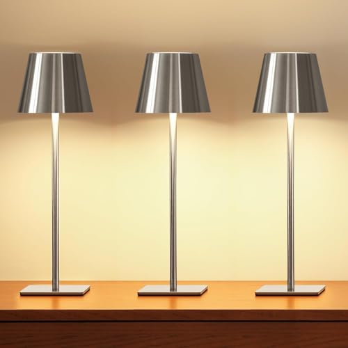 UME 3 Pack Cordless Table Lamp Battery Operated Lamp Portable Waterproof Rechargeable Table Lamp w 3 Color Temps Stepless Dimming for Dinner Desk Cafe Outdoor Brushed Silver - Image 1